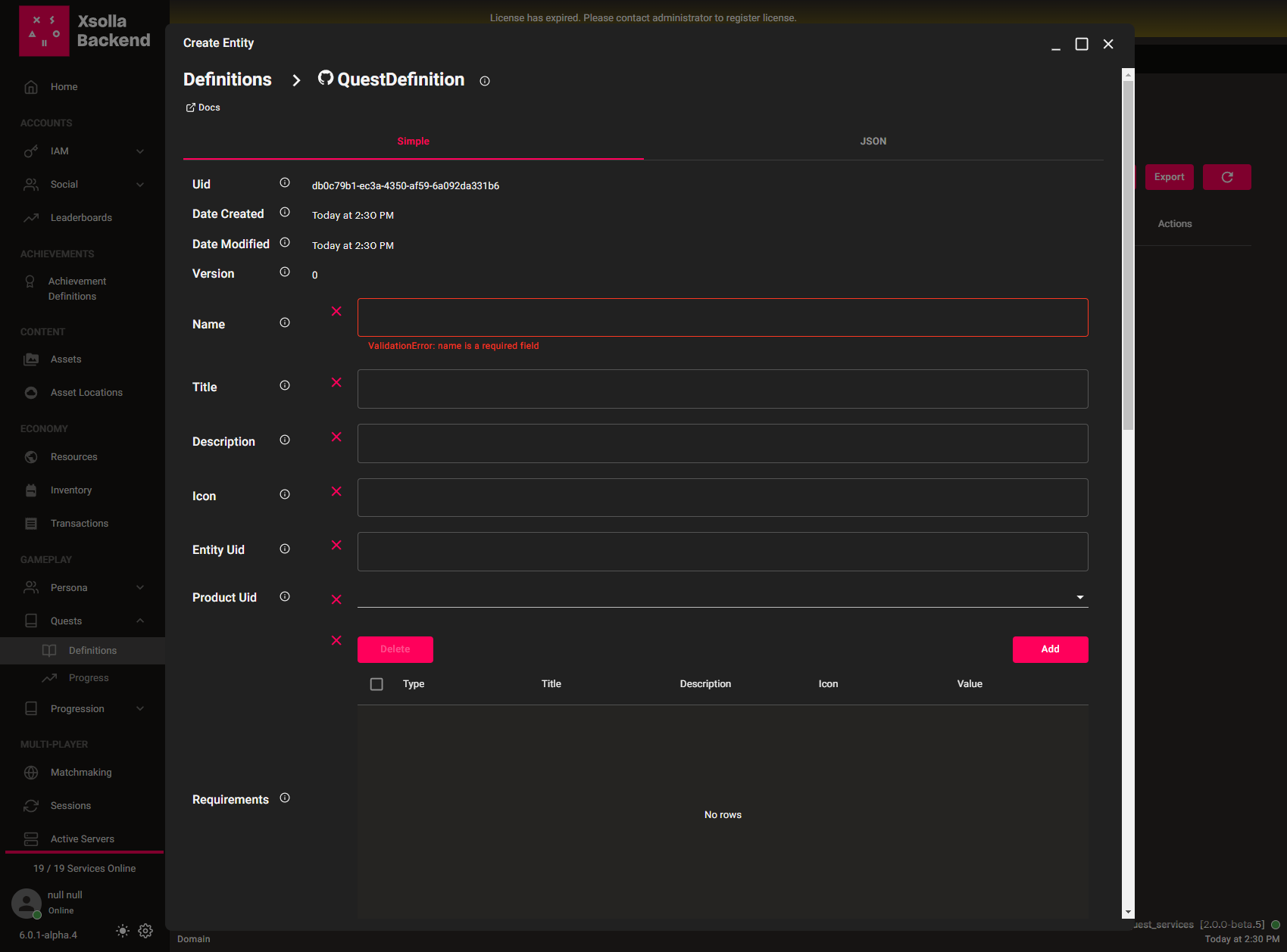 'Quest Definition Creation' window