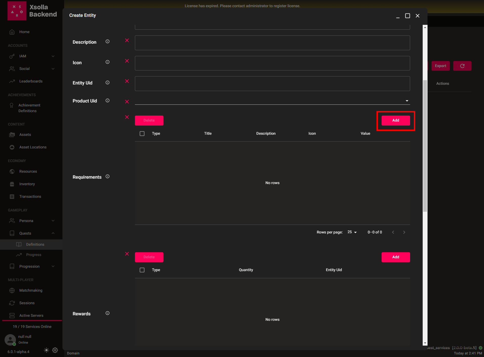 Admin -> Create -> Quest Window -> 'Add' button