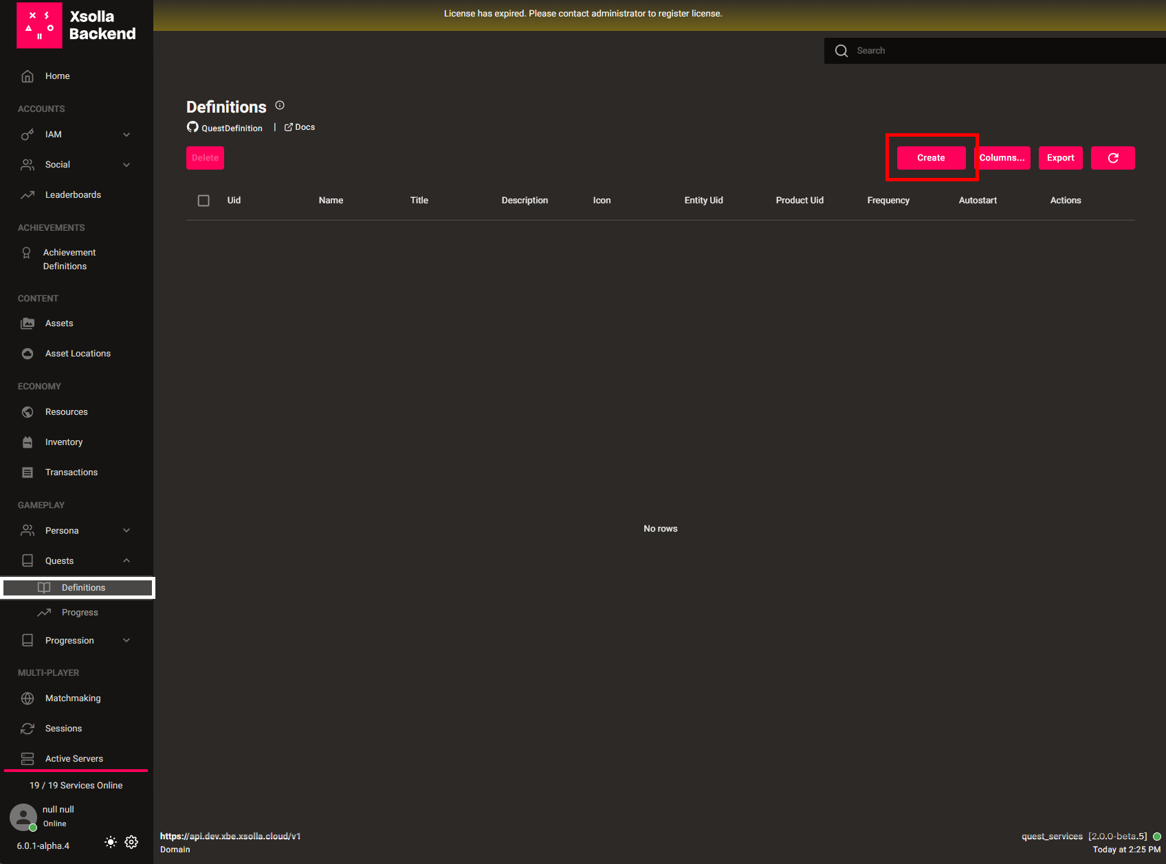 Admin -> Definitions -> Create button