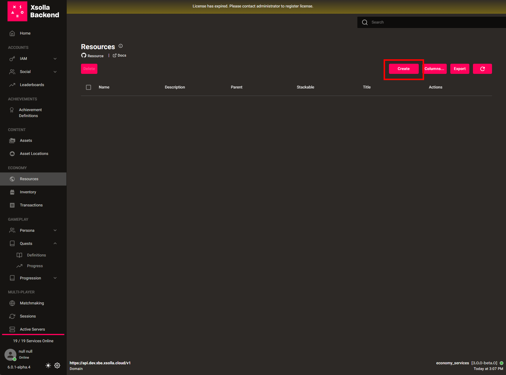 Admin Resources -> 'Create' button