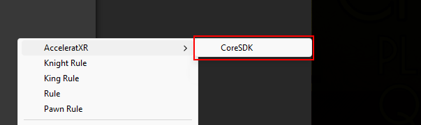 "Create" Context Menu -> AcceleratXR -> CoreSDK
