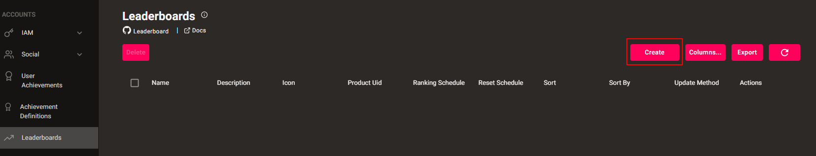 Leaderboards Admin Console - Create Button