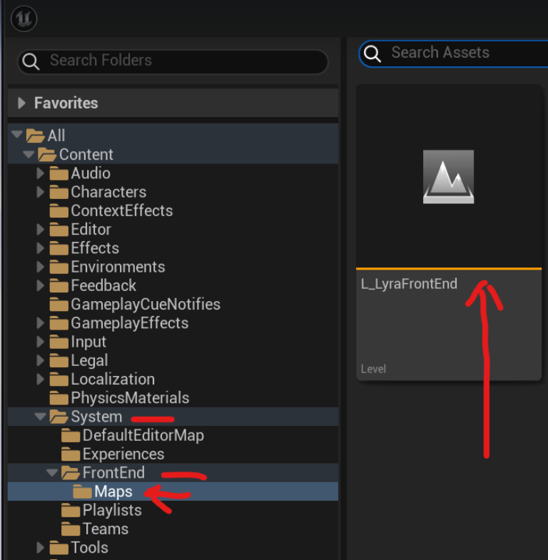 Unreal Editor - Select path level/system/frontend/maps/L_LyraFrontEnd