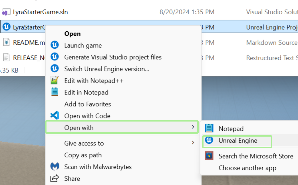 .uproject Context Menu - Open with Unreal Engine